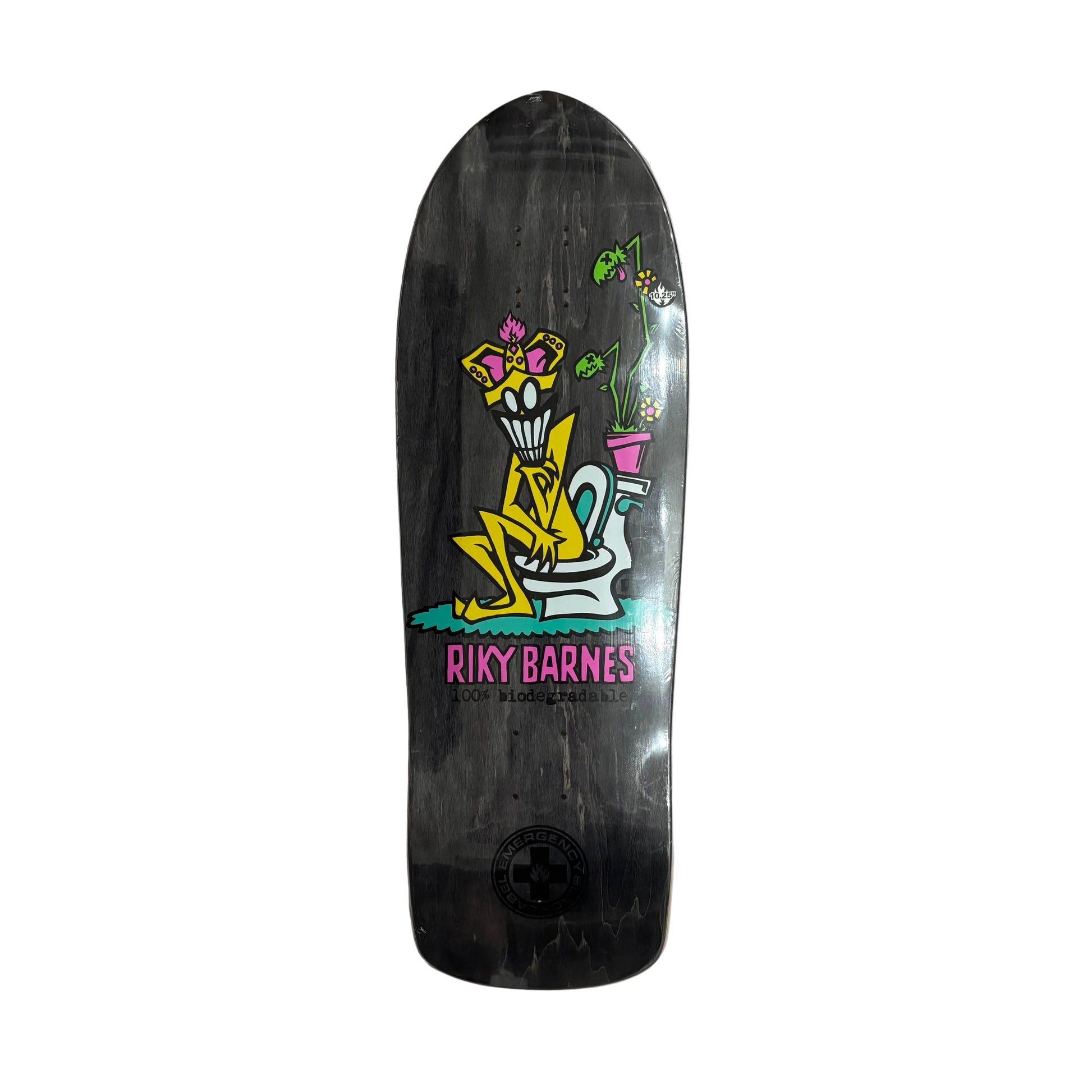 old school shaped skateboard deck with man sitting on toilet as graphic, against a white background