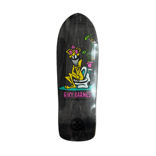 old school shaped skateboard deck with man sitting on toilet as graphic, against a white background