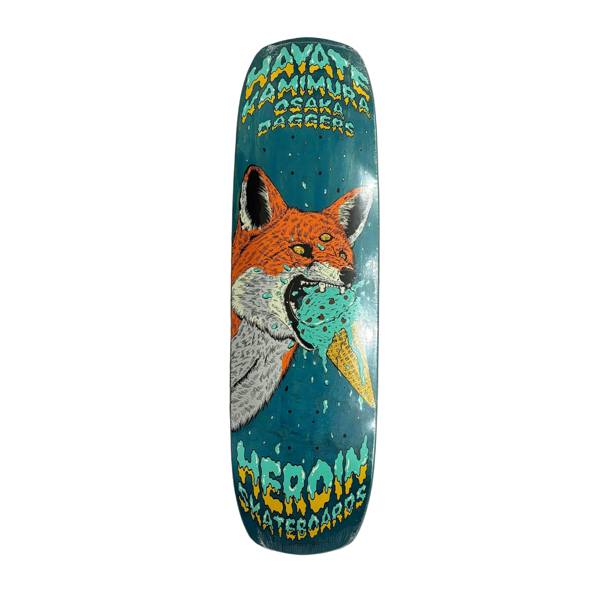 wooden skateboard deck with fox eating and ice cream printed on bottom