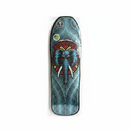 blue foil skateboard deck on white background