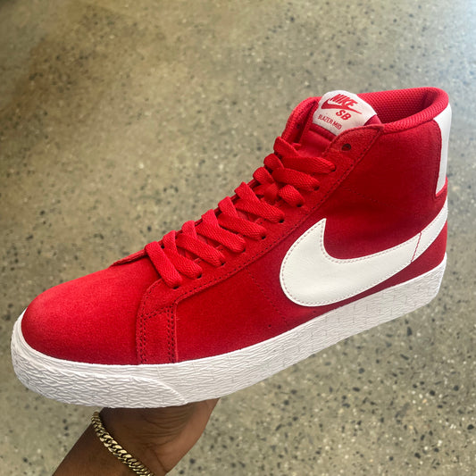 red and white suede hi top sneaker with white sole