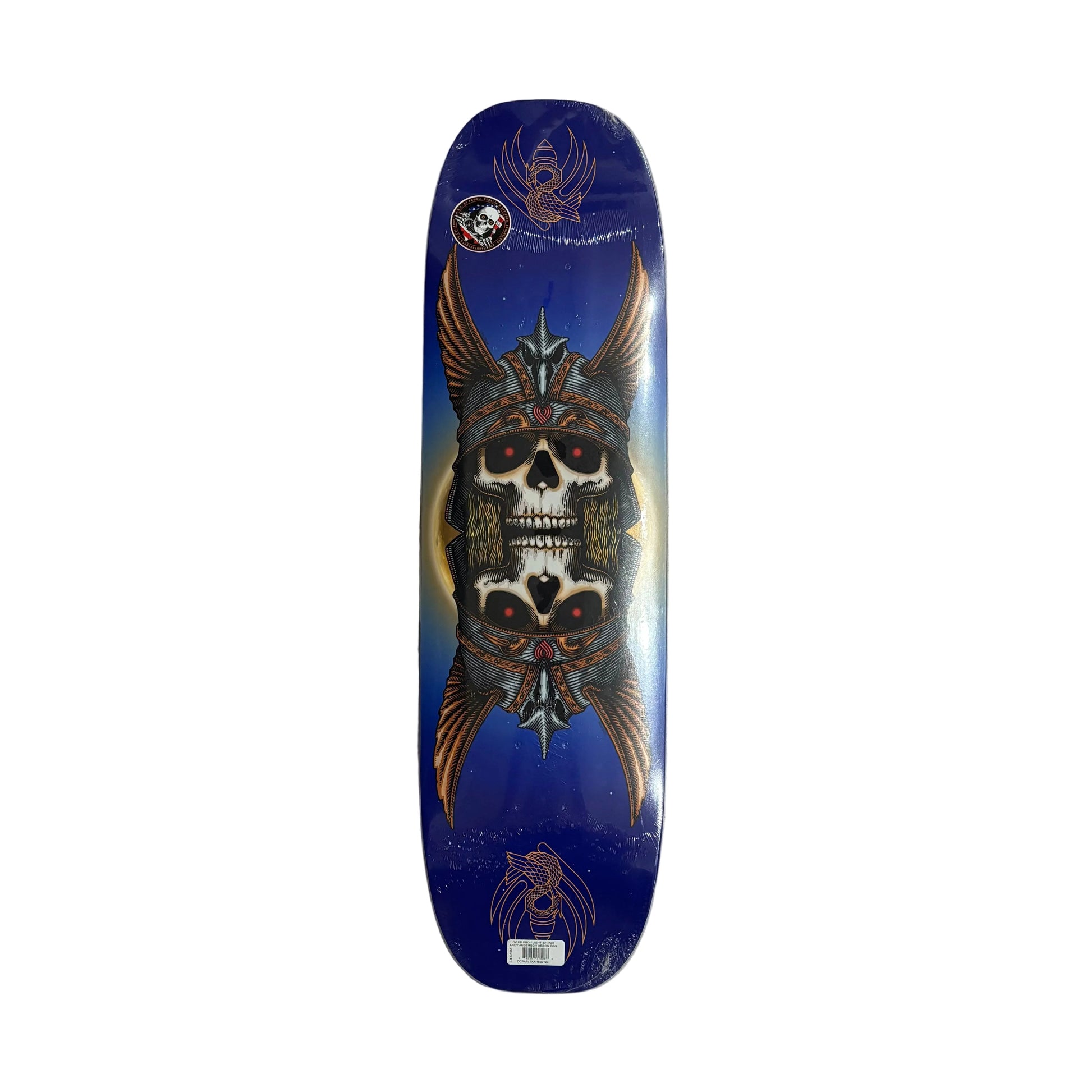 blue skateboard deck with skull wearing winged helmet on white background