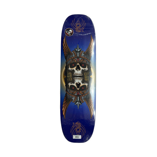 blue skateboard deck with skull wearing winged helmet on white background
