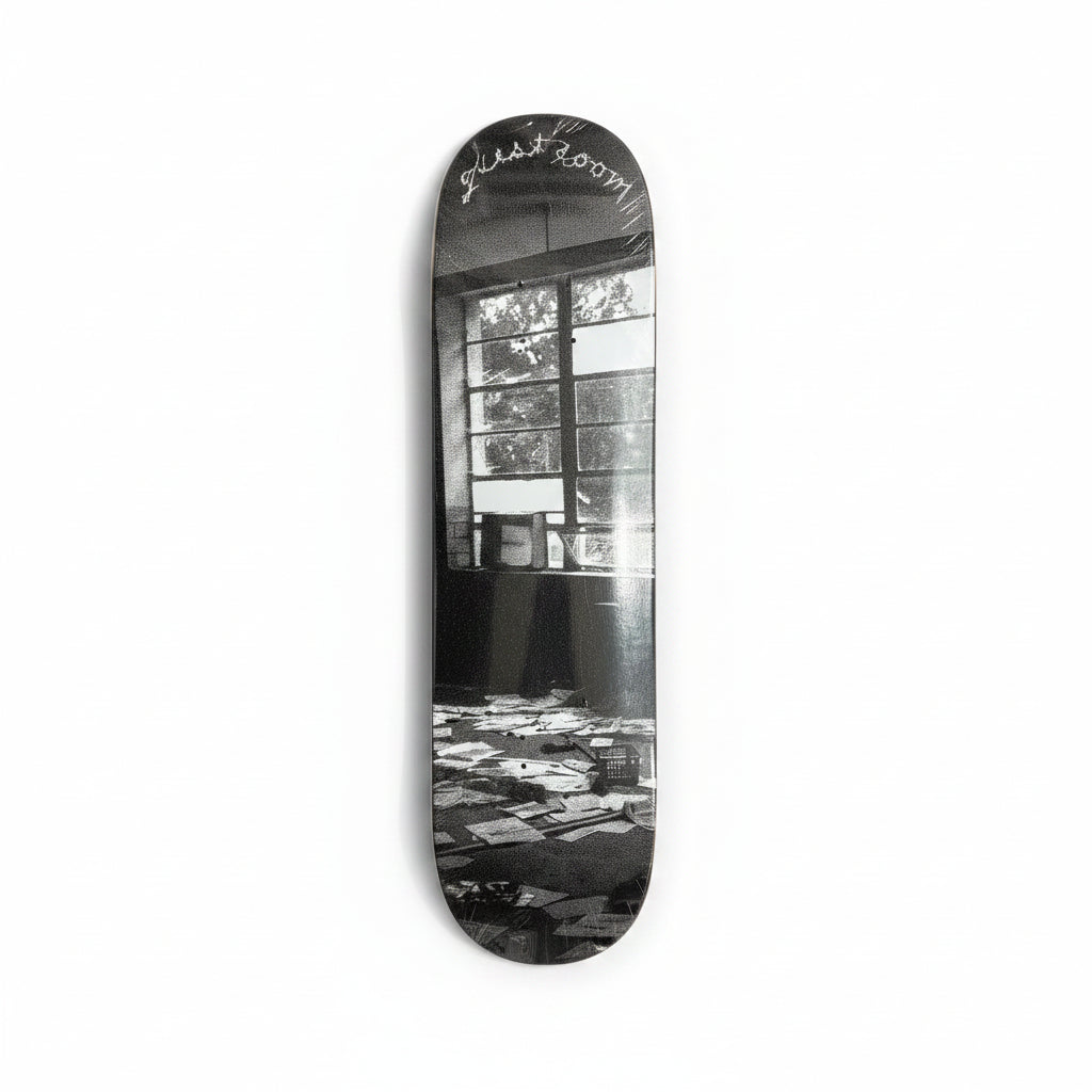 black and white photo graphic of a window on a skateboard deck, on a white background