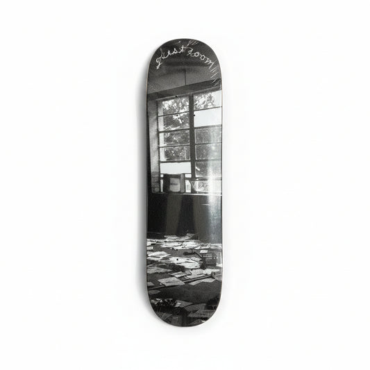 black and white photo graphic of a window on a skateboard deck, on a white background
