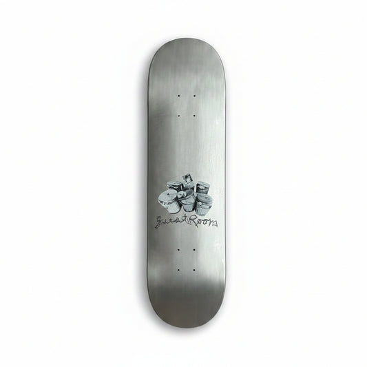 silver skateboard deck with trash can and guest room logo printed towards the bottom of deck, on a white background
