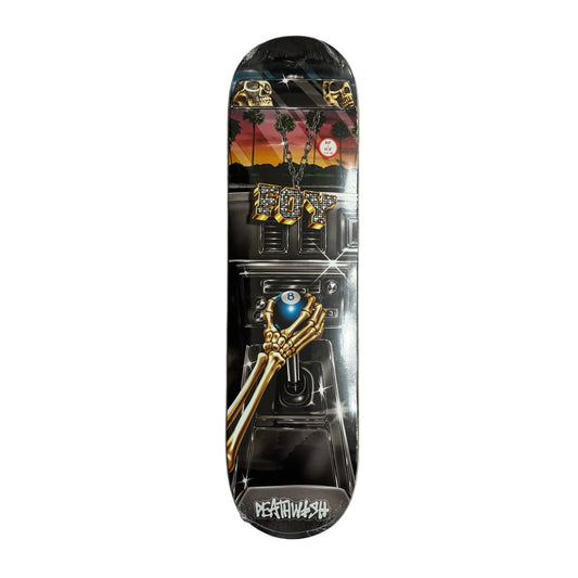 skateboard deck graphic with skeleton hand on 8 ball shifter inside of car, with a FOY chain and pendant hanging from the mirror, on a white background
