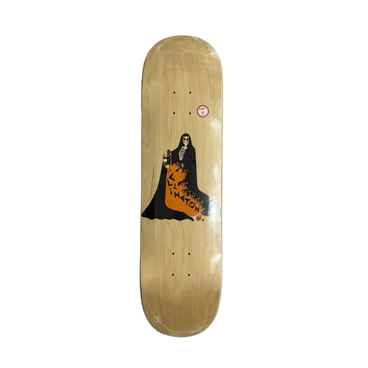 woodgrain color skateboard deck with a black and orange skeleton like graphic printed in the middle of the deck, against a white background