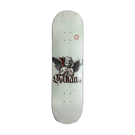 white skateboard deck with angel graphic in center of deck with ATHANS printed below angel, on white background