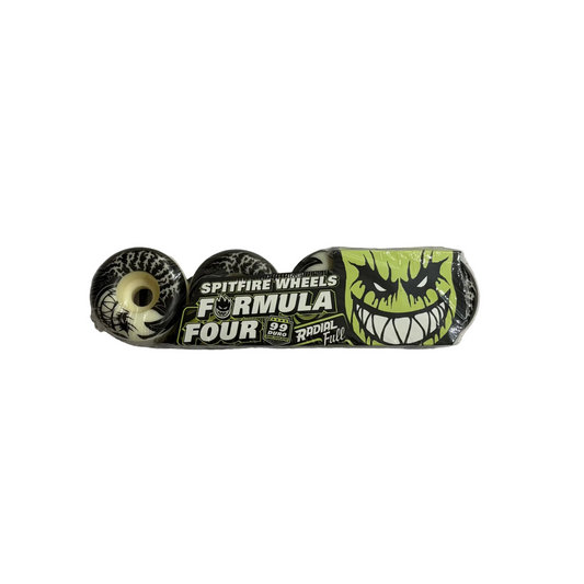 spitfire radial full wheel with metal looking graphic, and glow in the dark color