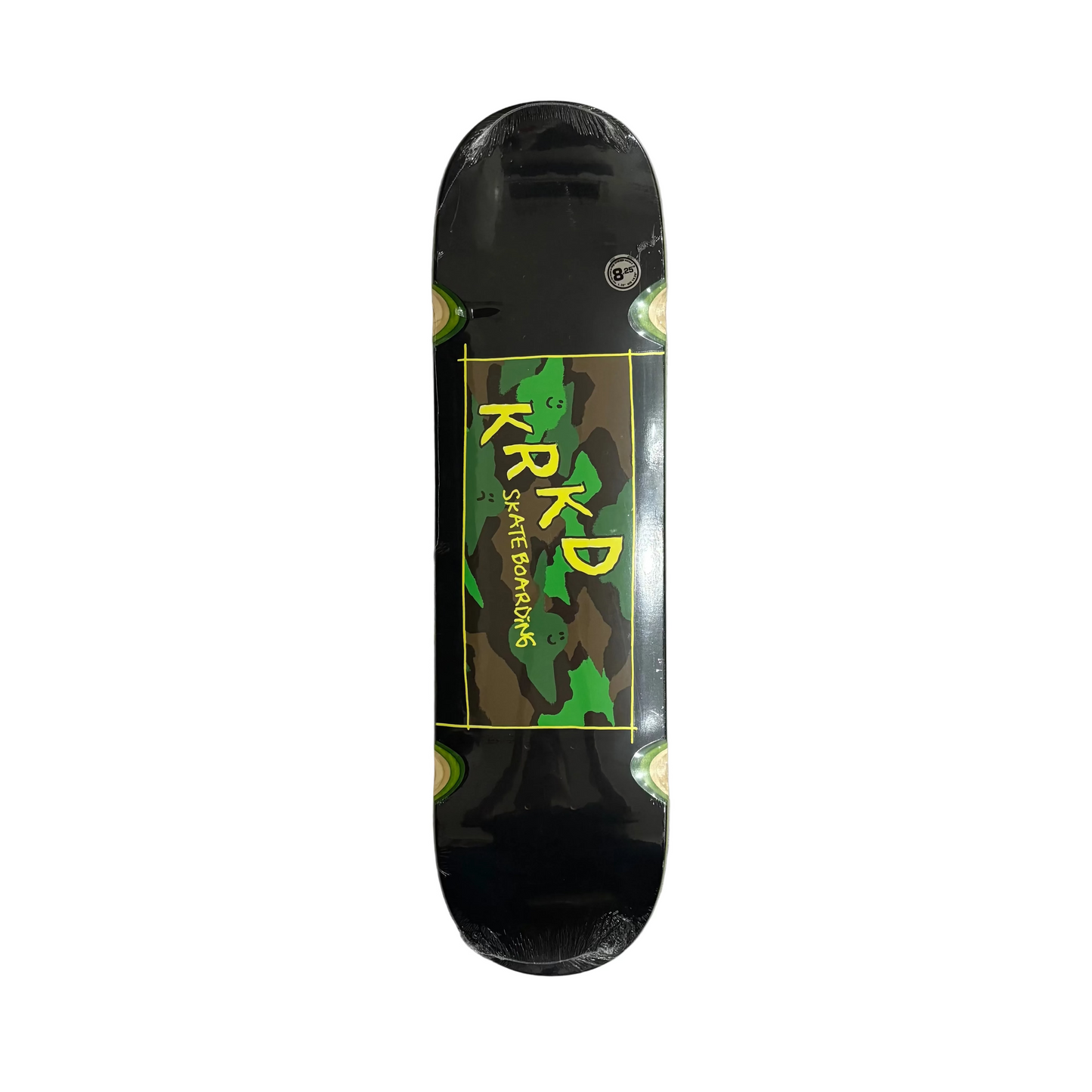 black skateboard deck with wheel wells,  with camo square in middle, against a white background