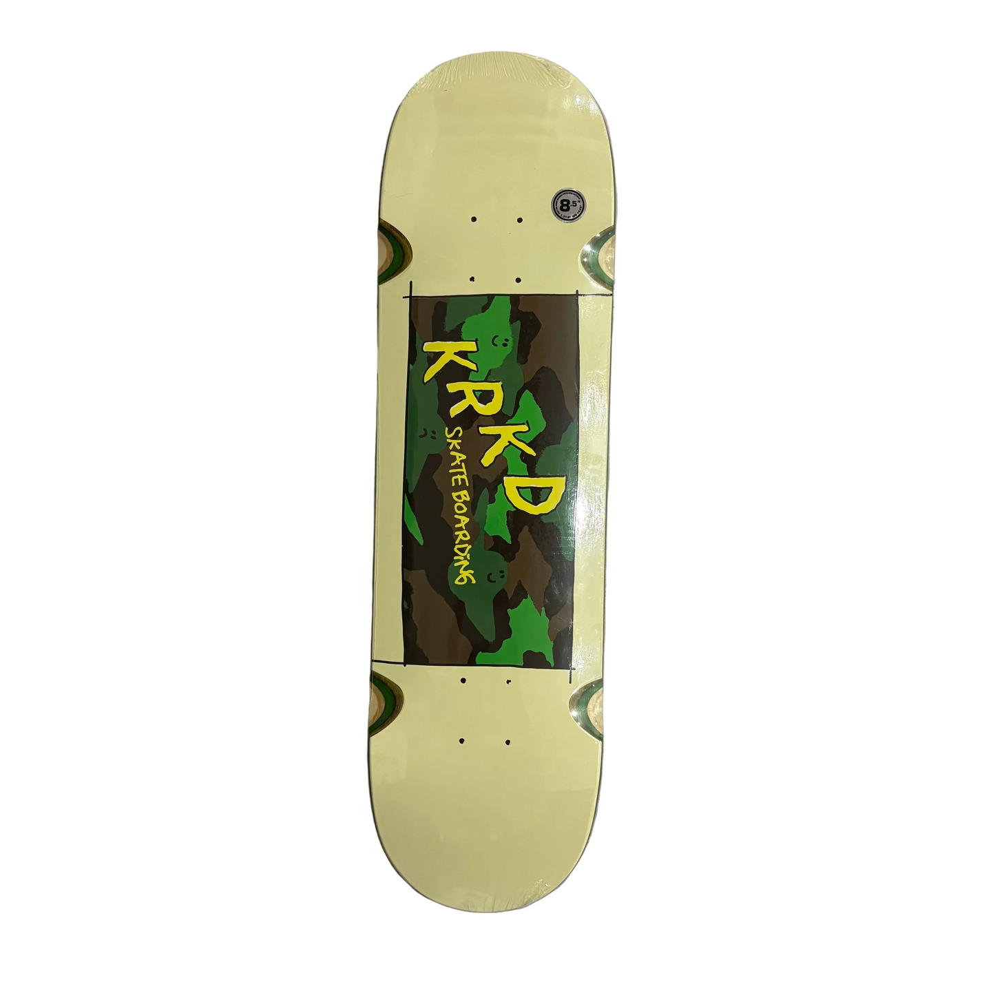 off white skateboard deck with wheel wells,  with camo square in middle, against a white background