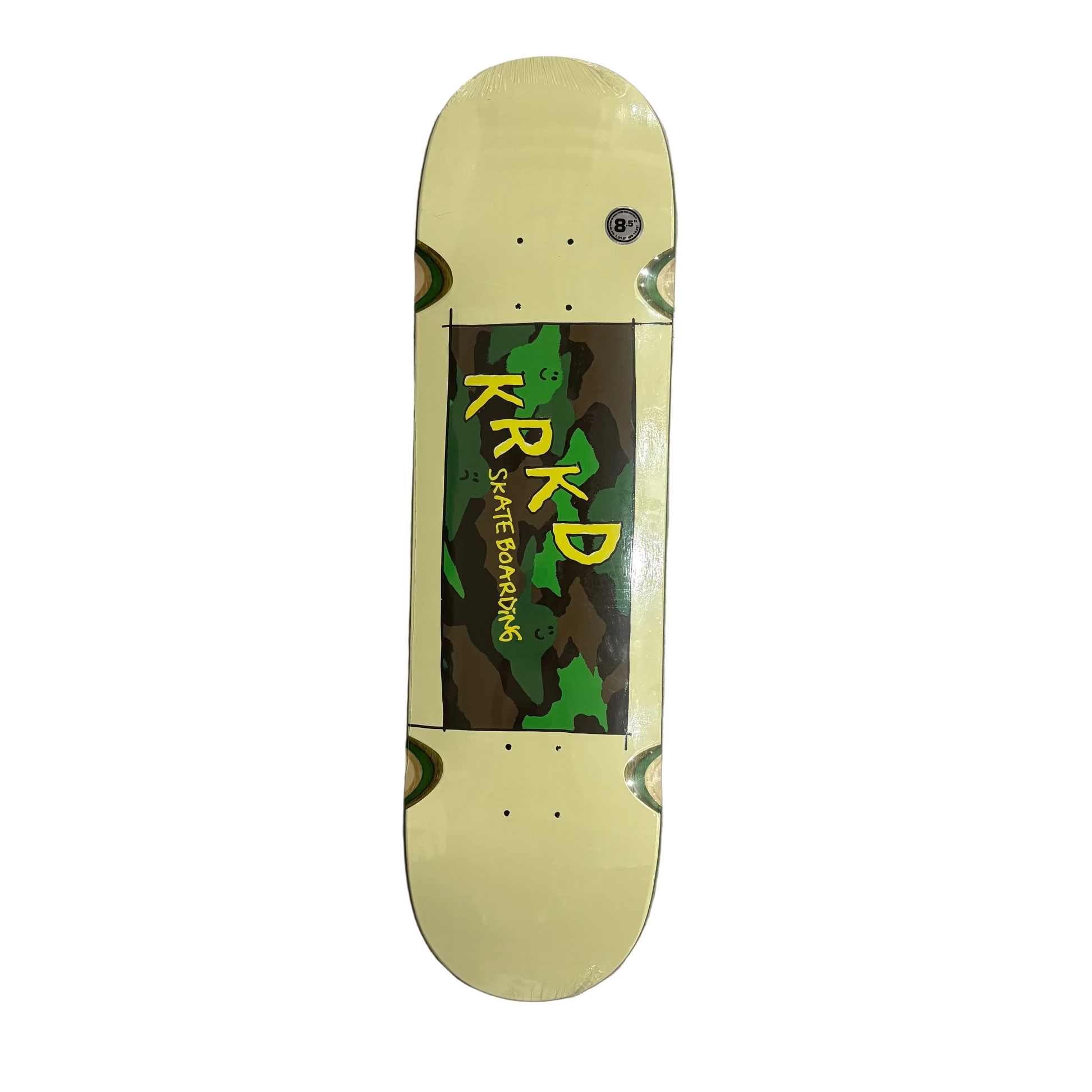 off white skateboard deck with wheel wells,  with camo square in middle, against a white background