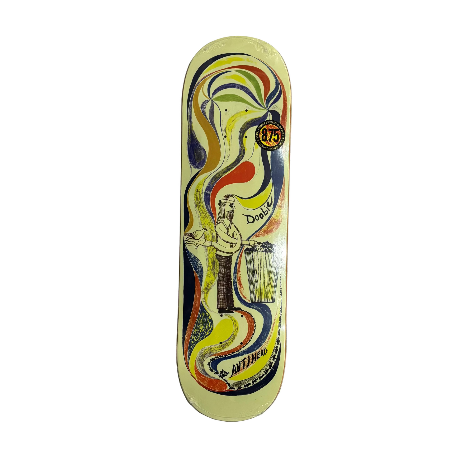 hand drawn graphic on off white skateboard deck with multi color swirls