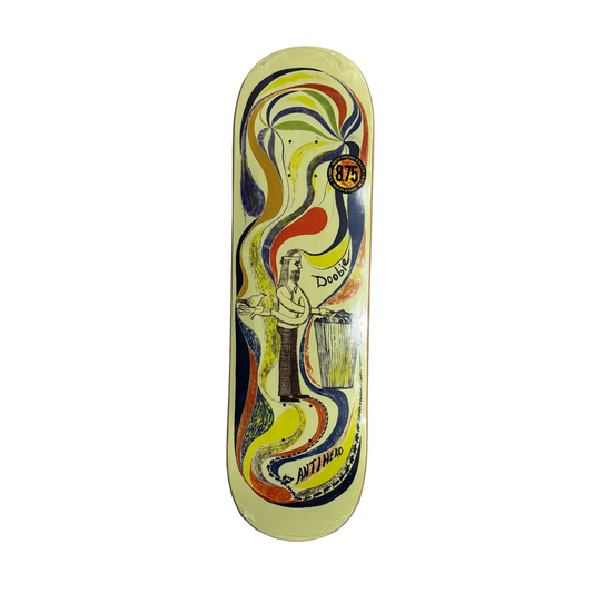 hand drawn graphic on off white skateboard deck with multi color swirls