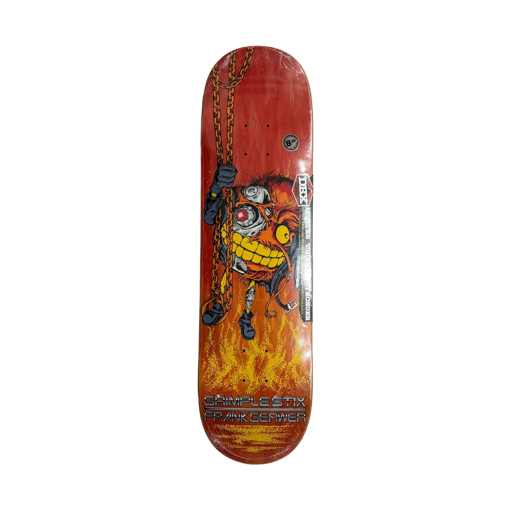 anti hero grimplestix skateboard deck with image of grimple guy holding onto chain above a fire
