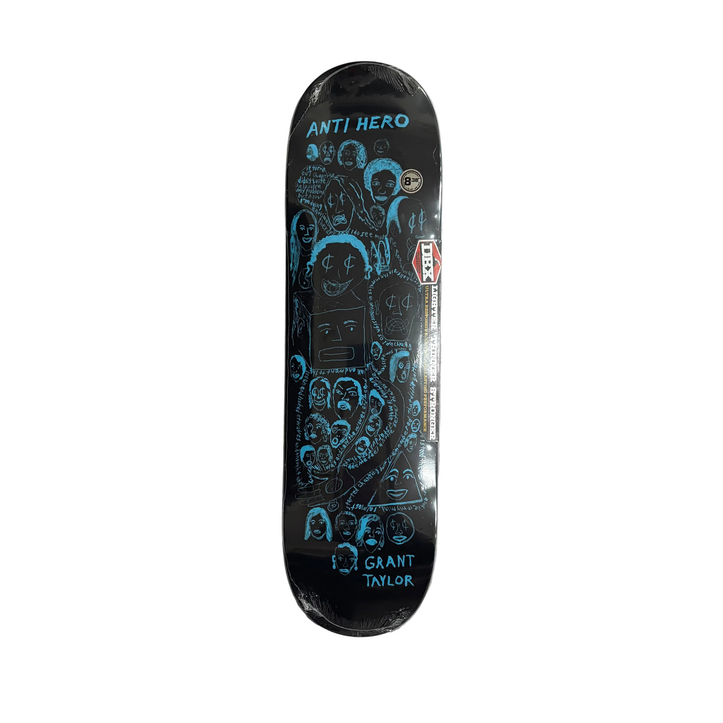 black skateboard deck with blue hand drawn style graphic printed on entire skateboard deck