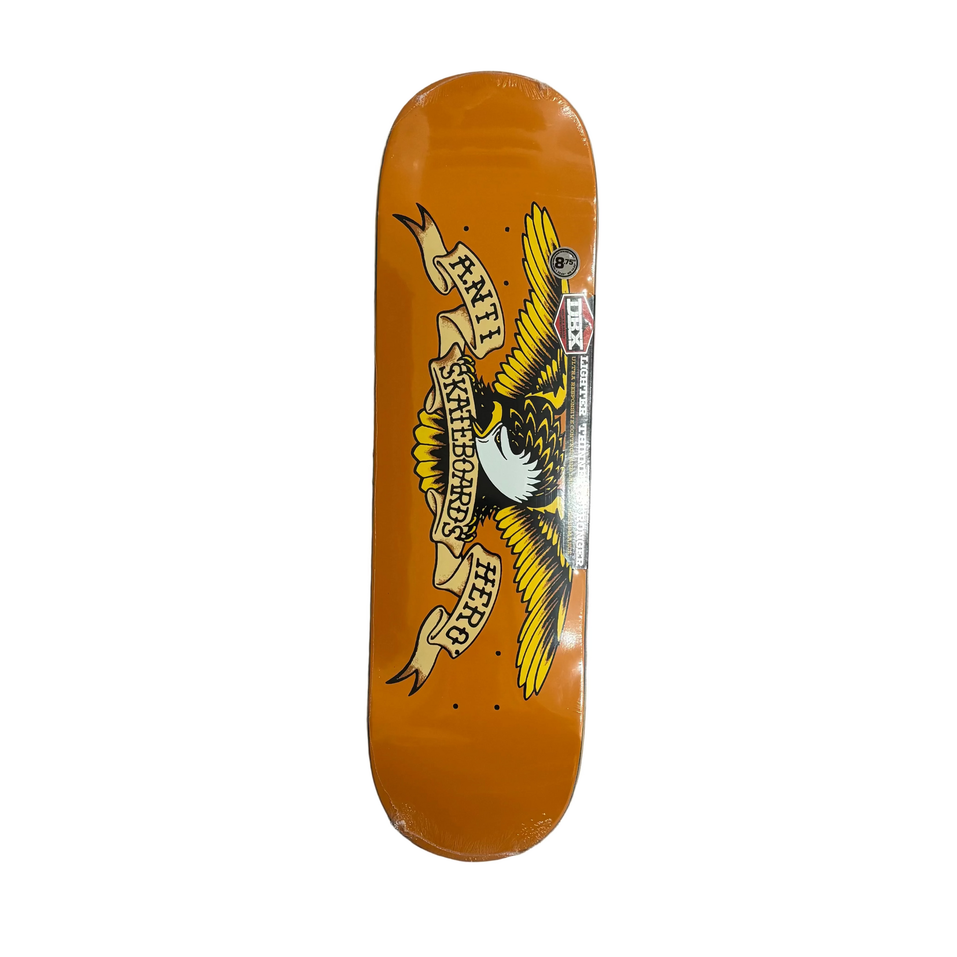 orange anti hero eagle skateboard deck on white background