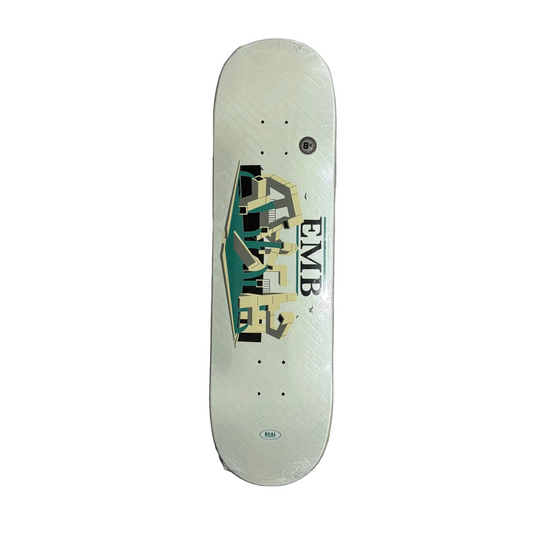 white EMB real team deck with rendering of EMB plaza in middle of deck, and brick pattern embossed on deck, all against a white background