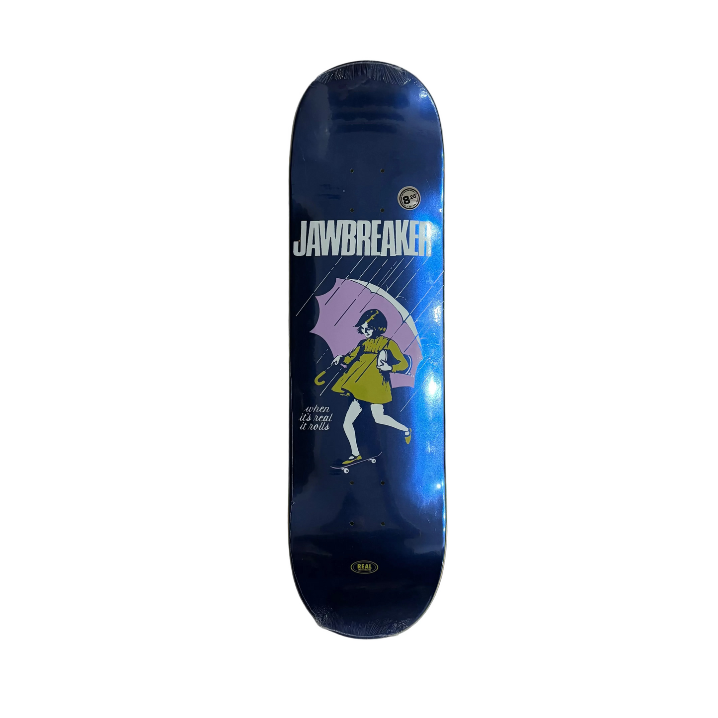 blue foil skateboard deck with jawbreaker graphic on center, against a white background