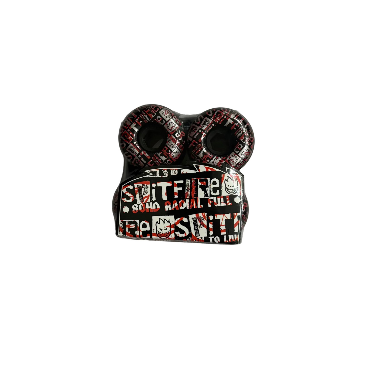 black spitfire 80HD soft cruiser wheels with ransom note style graphic on wheels
