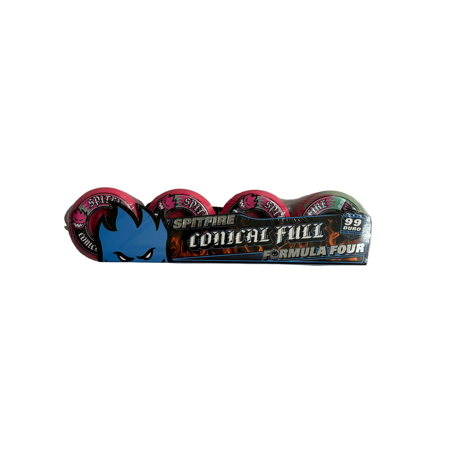 pink and teal swirl spitfire conical full wheels packaged horizontally