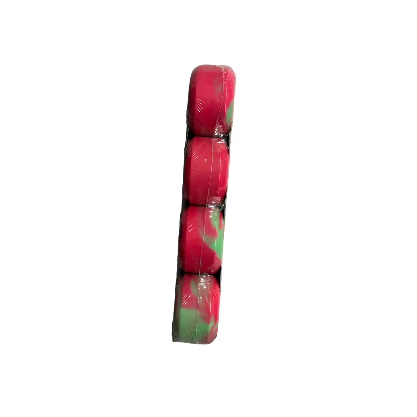 pink and teal swirl wheels packaged horizontally view from overhead