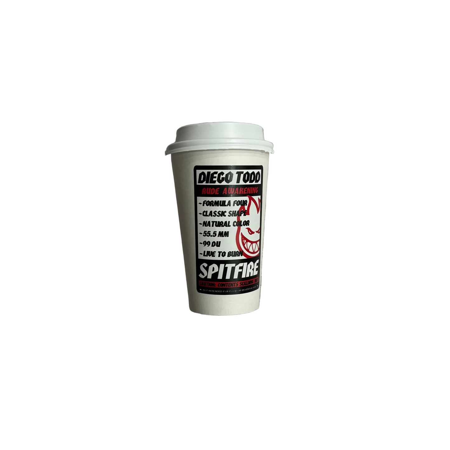 diego todd coffee cup packaging for spitfire wheels, on a white background