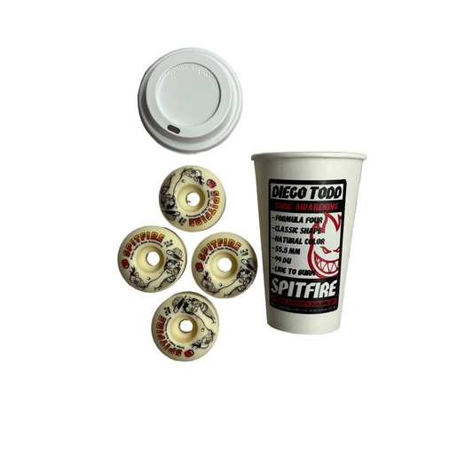 four diego todd pro spitfire classic skateboard wheels with coffee cup and lid packaging