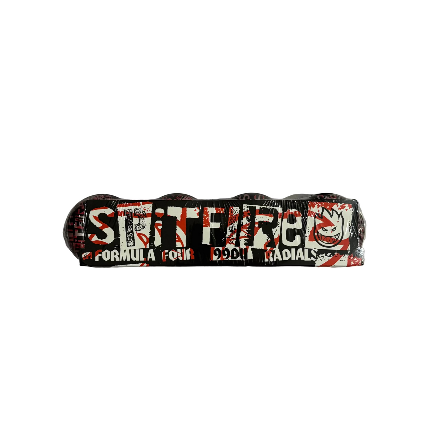 black radial spitire wheels with ransom note style graphic printed on wheels