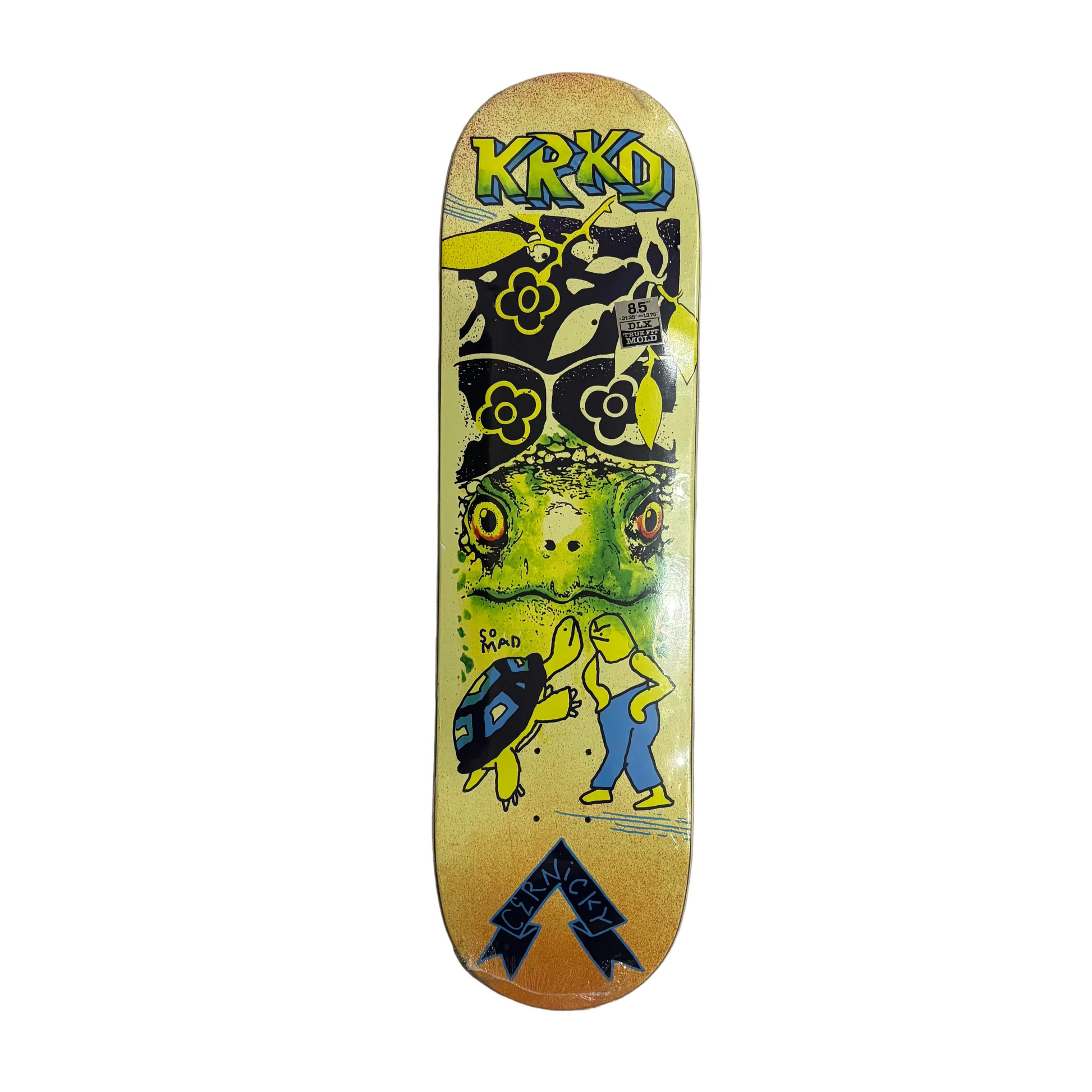 Multi colored krooked skateboard deck with mark gonzales artwork of man a turtle, as well as green and yellow patterns, on a white background