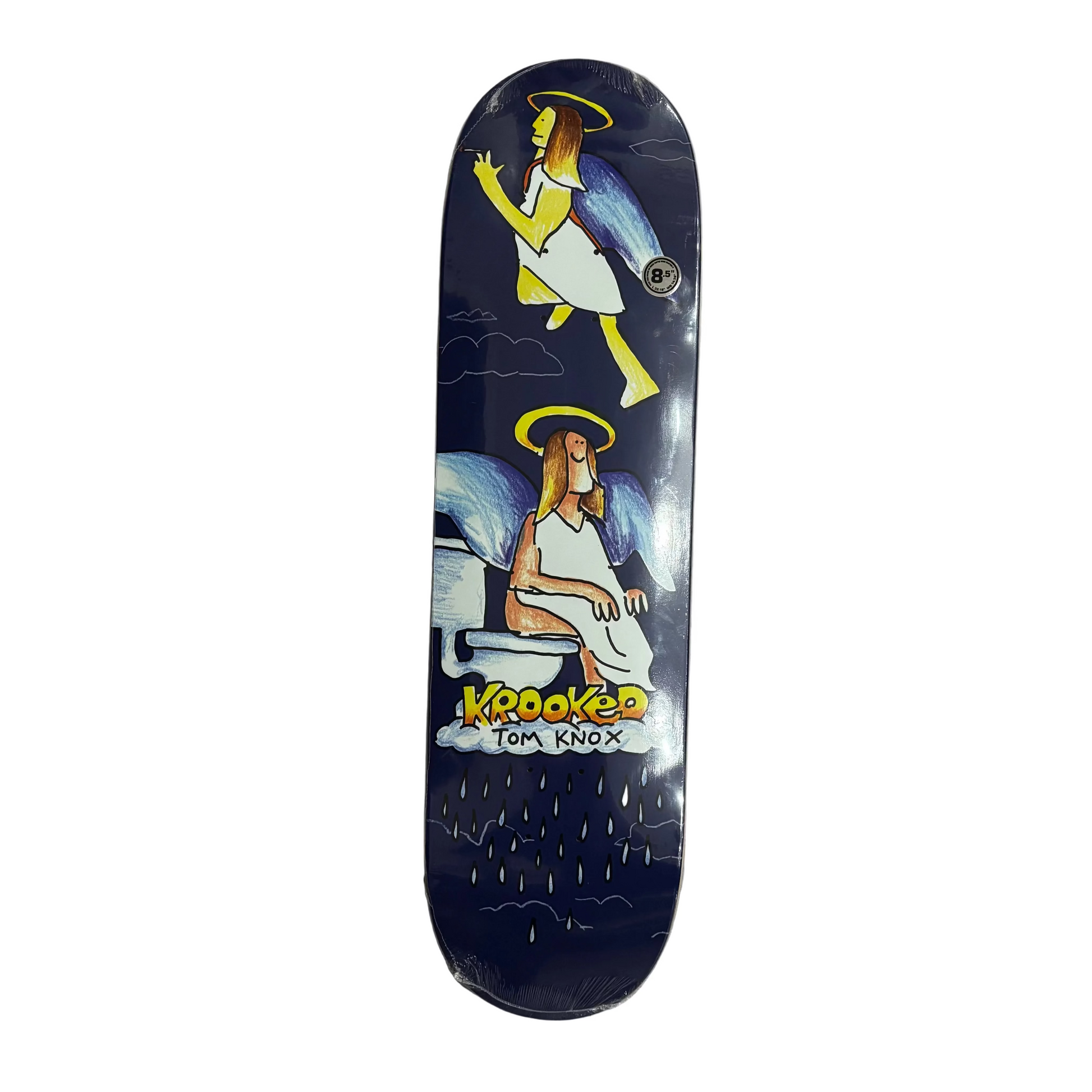 A skateboard deck featuring a dark blue background with two illustrated angels, one standing and one sitting on a toilet, with the text 'KROOKED TOM KNOX' near the bottom.