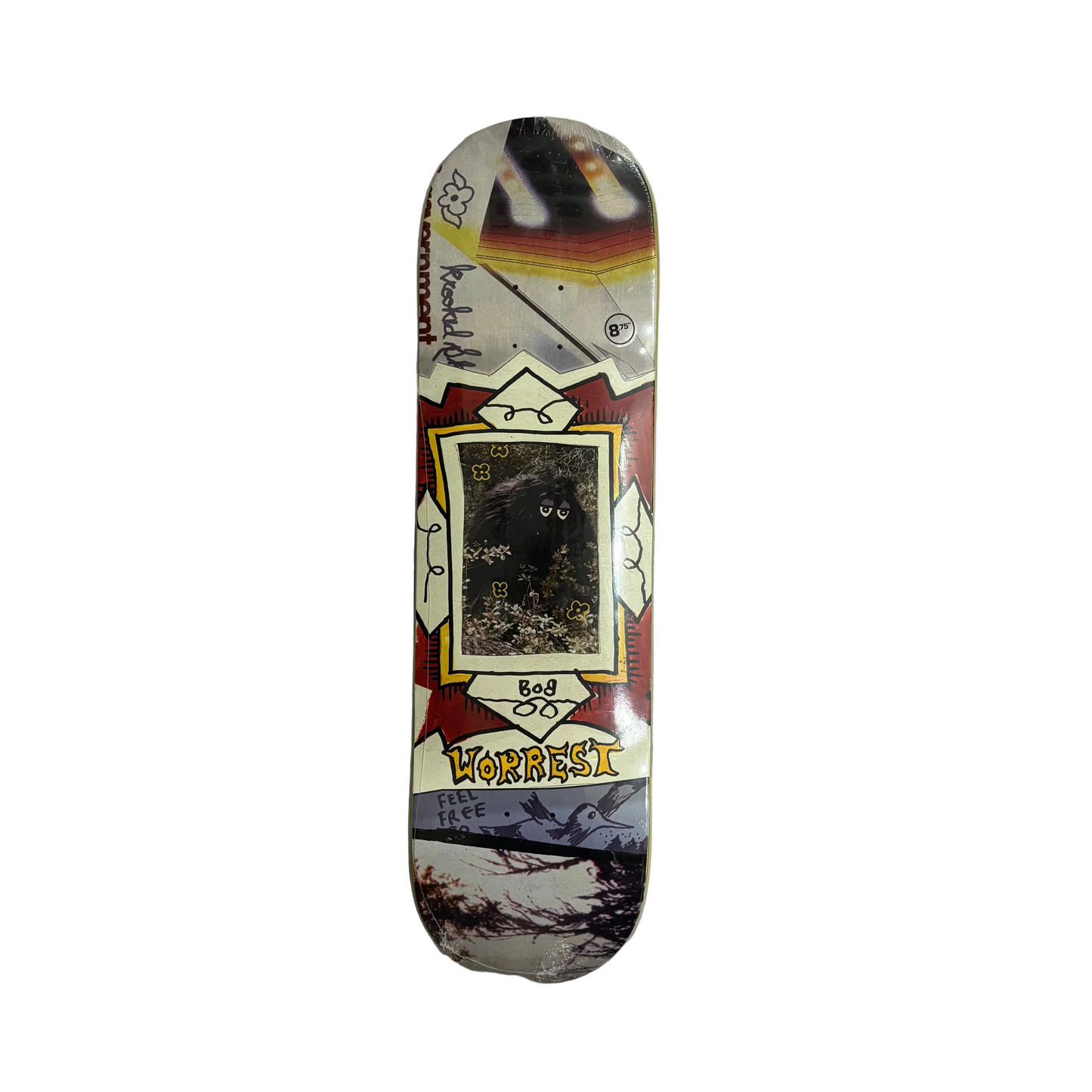 Collage style krooked skateboard deck with WORREST in center of deck with photo of bigfoot like creature with krooked eyes over the face on a white background