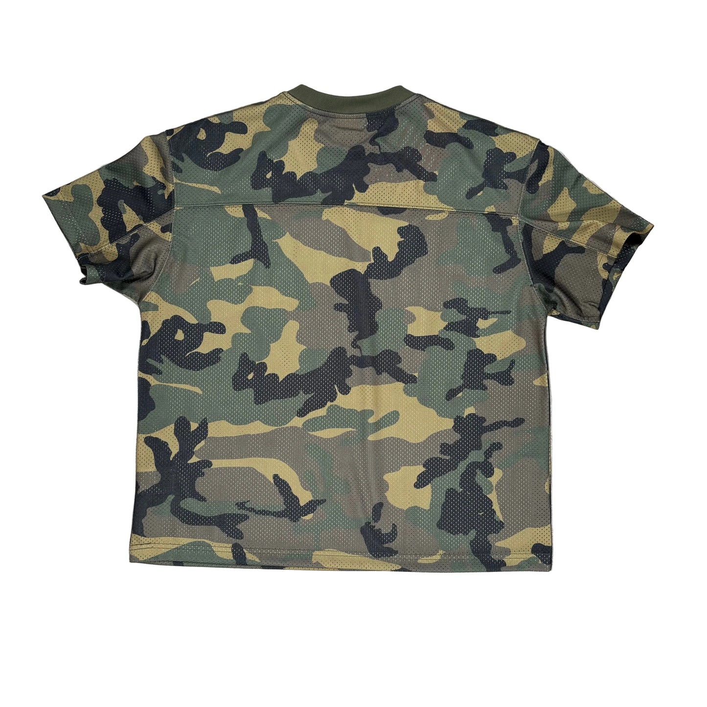 A short-sleeve athletic jersey with a green, black, and tan camouflage pattern, laid flat on a white surface.
