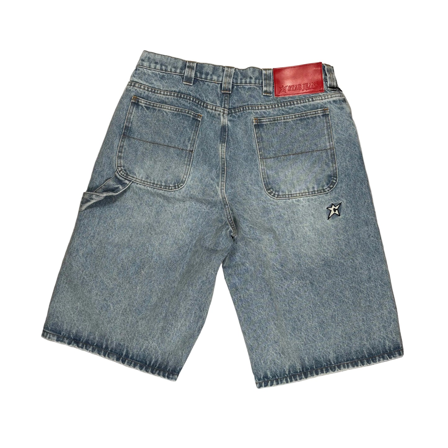 Light blue denim shorts with a faded wash, featuring a red leather patch on the back waistband and a small embroidered logo on the back pocket, laid flat on a white surface.