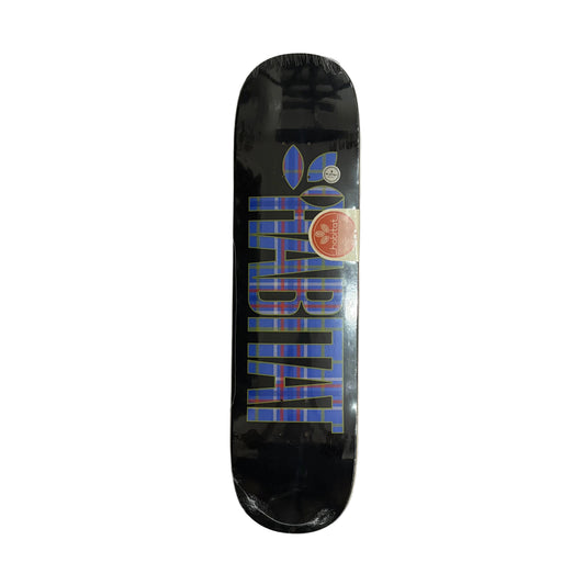 A black skateboard deck with a large blue and purple striped HABITAT logo and a small circular sticker, photographed from above on a white background
