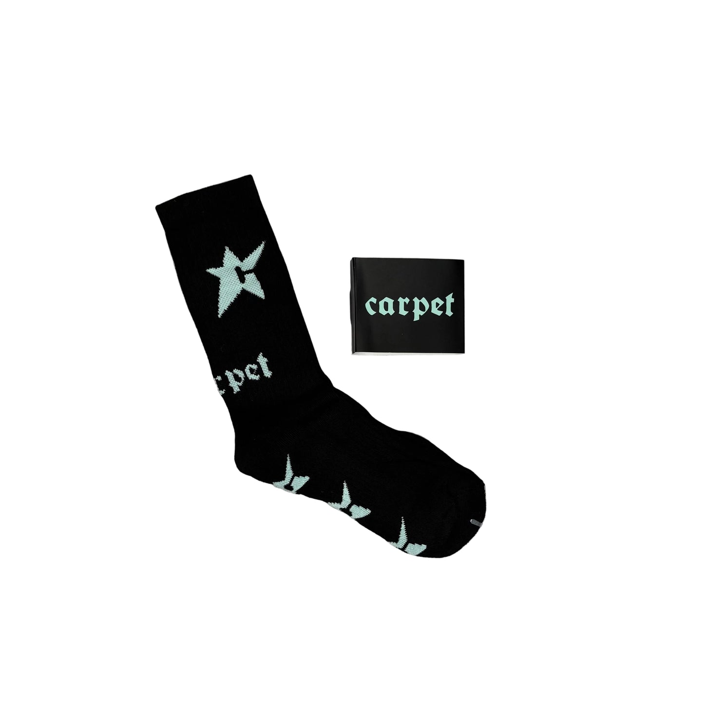 A black crew sock with light blue star and gothic lettering, displayed next to its black packaging box on a white background.