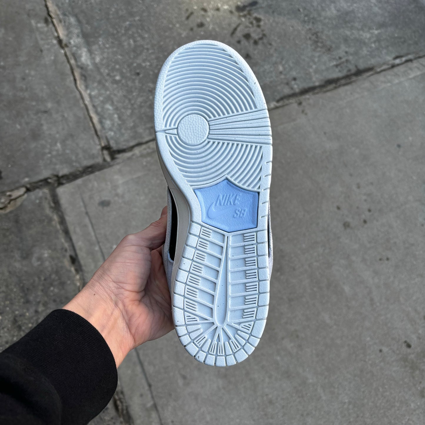 view of light blue gum rubber outsole on lowtop skateboard sneaker