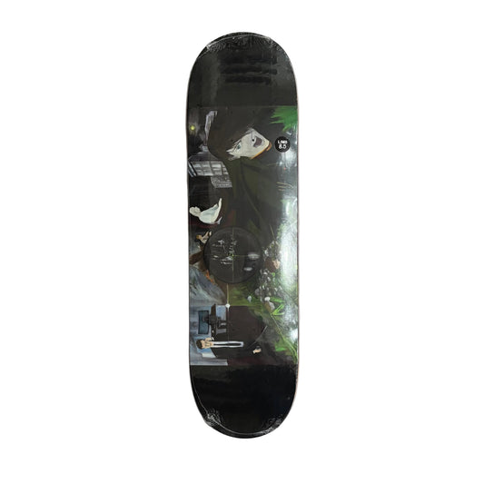 A skateboard deck with a glossy anime-style graphic print, laying on a white background