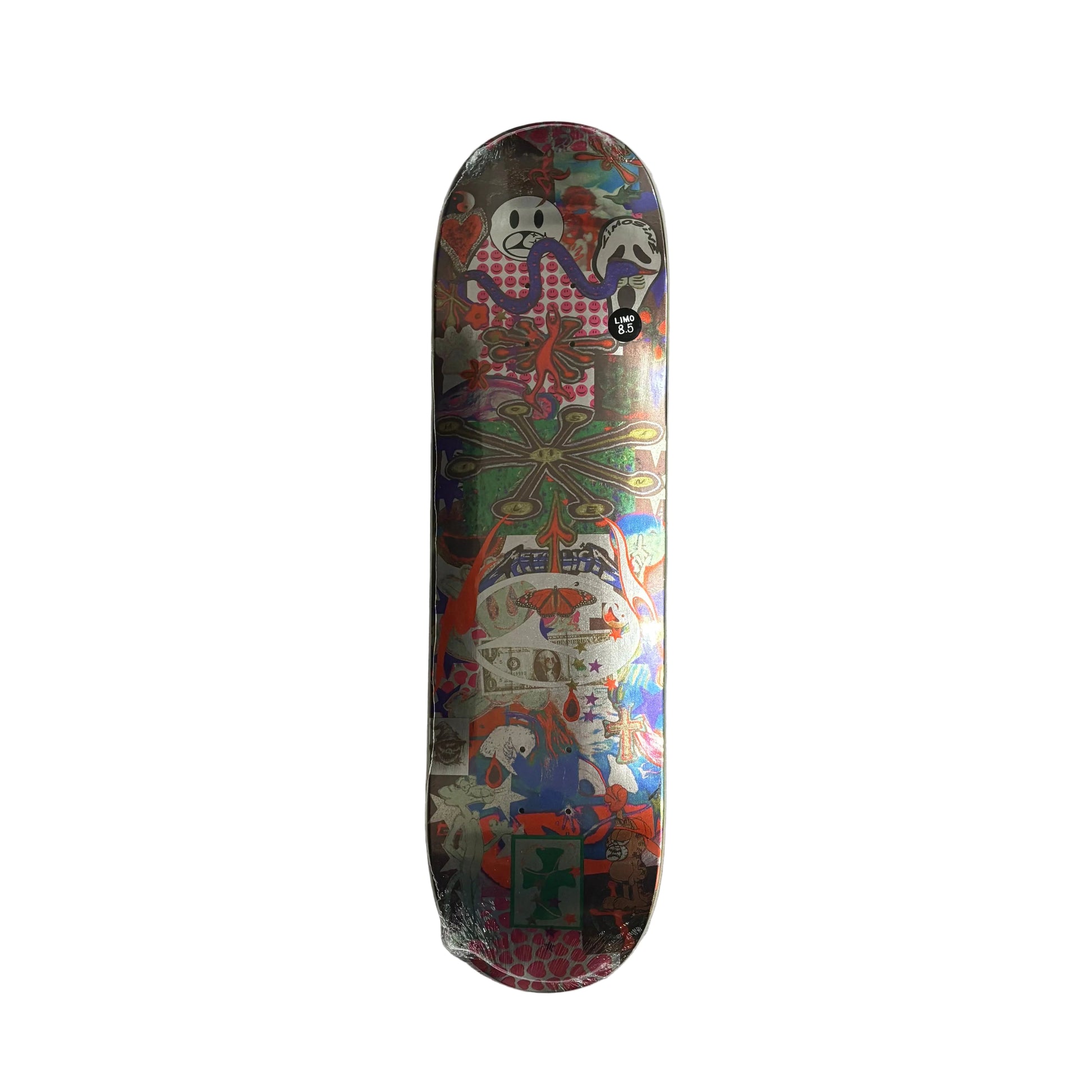 A skateboard deck with a highly detailed, colorful metallic graphic collage design featuring cartoon characters and abstract patterns, resting on a white background