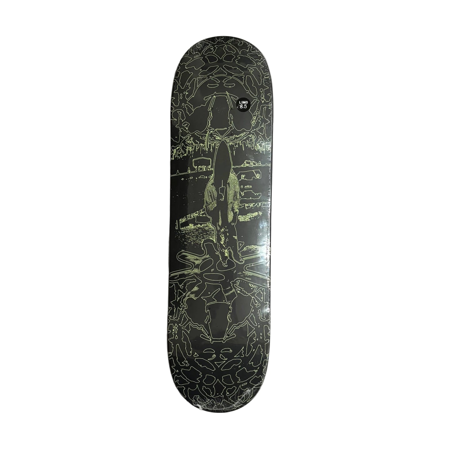 A skateboard deck with a black background and intricate light green and white line art, displayed vertically on a white background