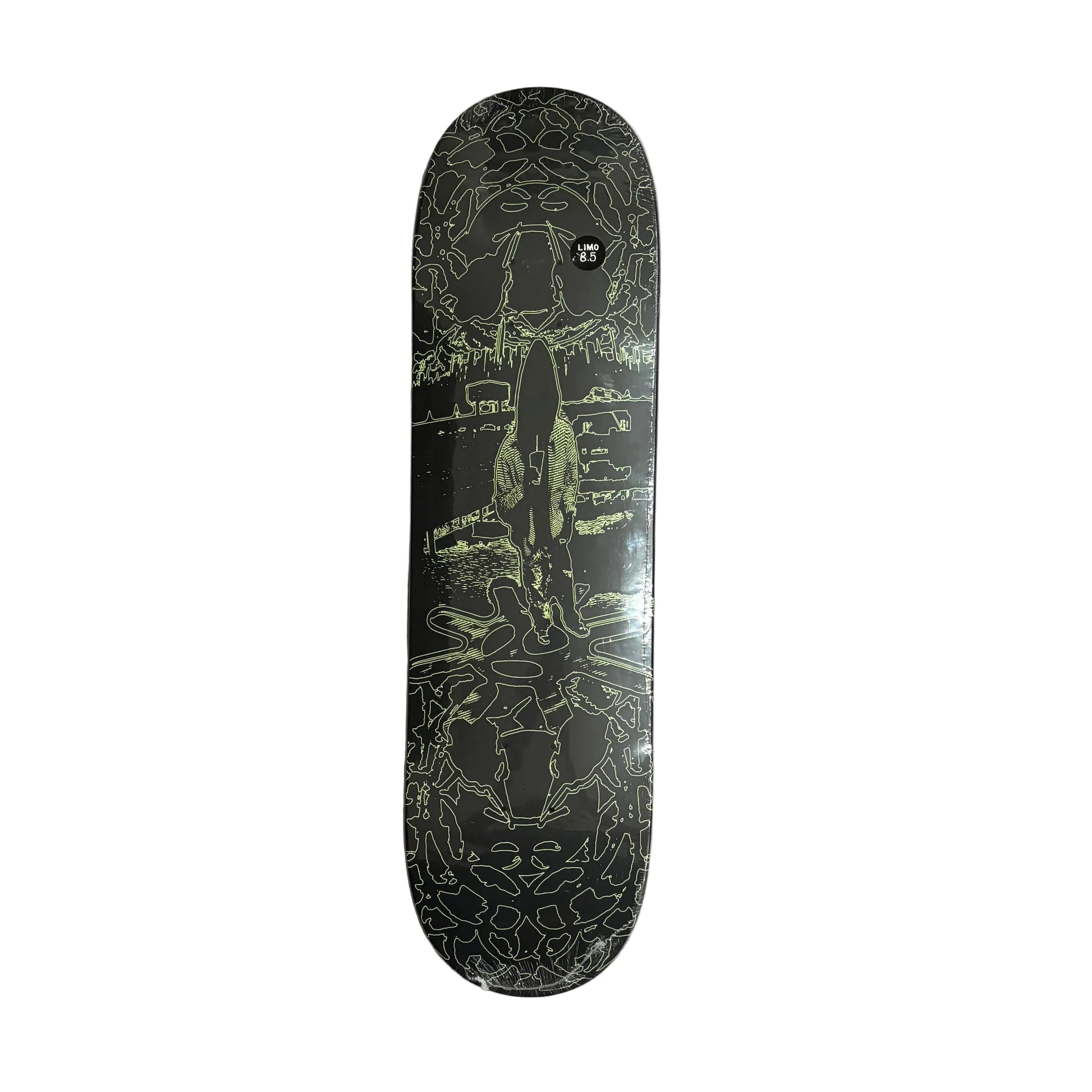 A skateboard deck with a black background and intricate light green and white line art, displayed vertically on a white background