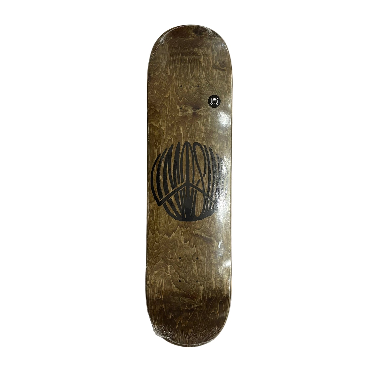 A wooden skateboard deck with a glossy brown wood-grain finish, featuring a black stylized graphic in the center and a small circular logo near the top, displayed vertically on a white surface