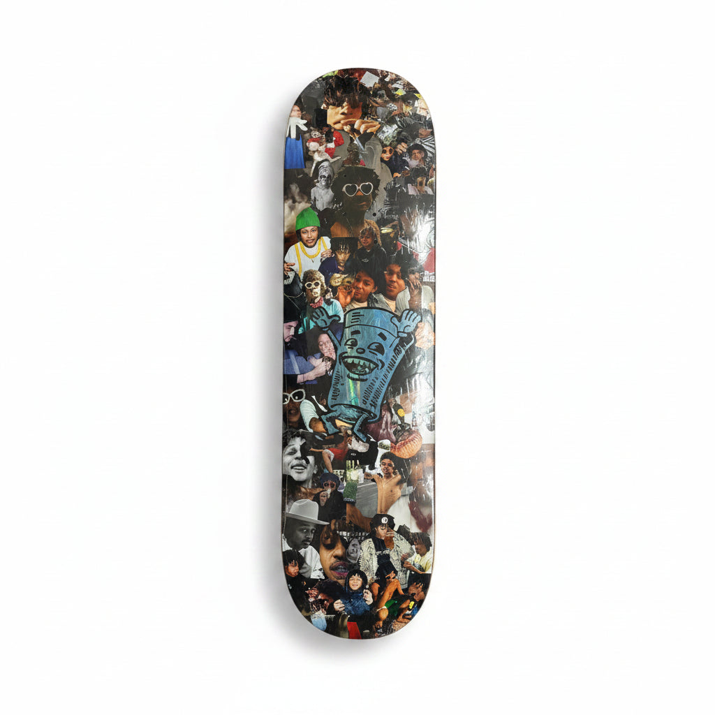 A skateboard deck with a highly detailed, busy collage graphic print featuring various characters, placed on a white background