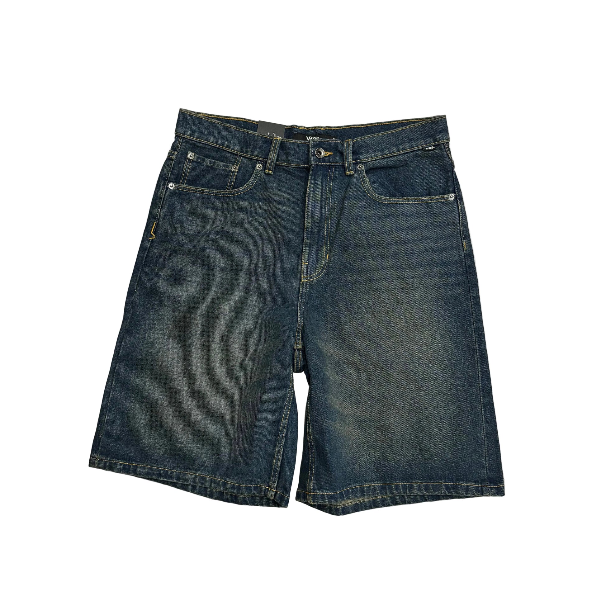A pair of dark blue denim shorts with a faded wash, laid flat on a white background