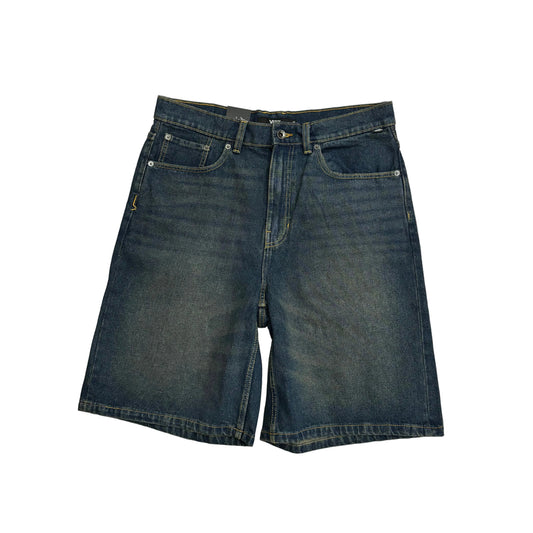 A pair of dark blue denim shorts with a faded wash, laid flat on a white background