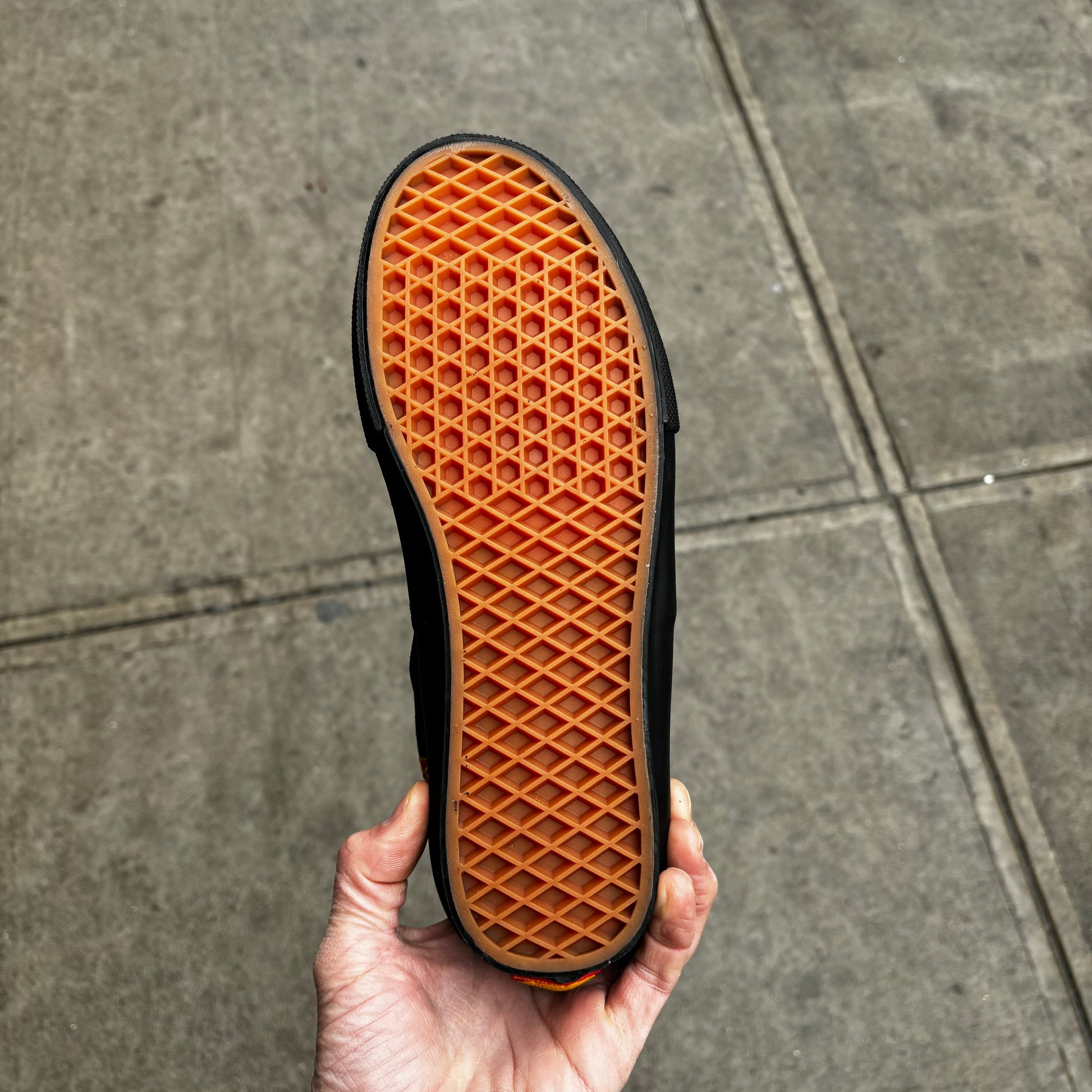 view of outsole on vans suede skateboard sneaker