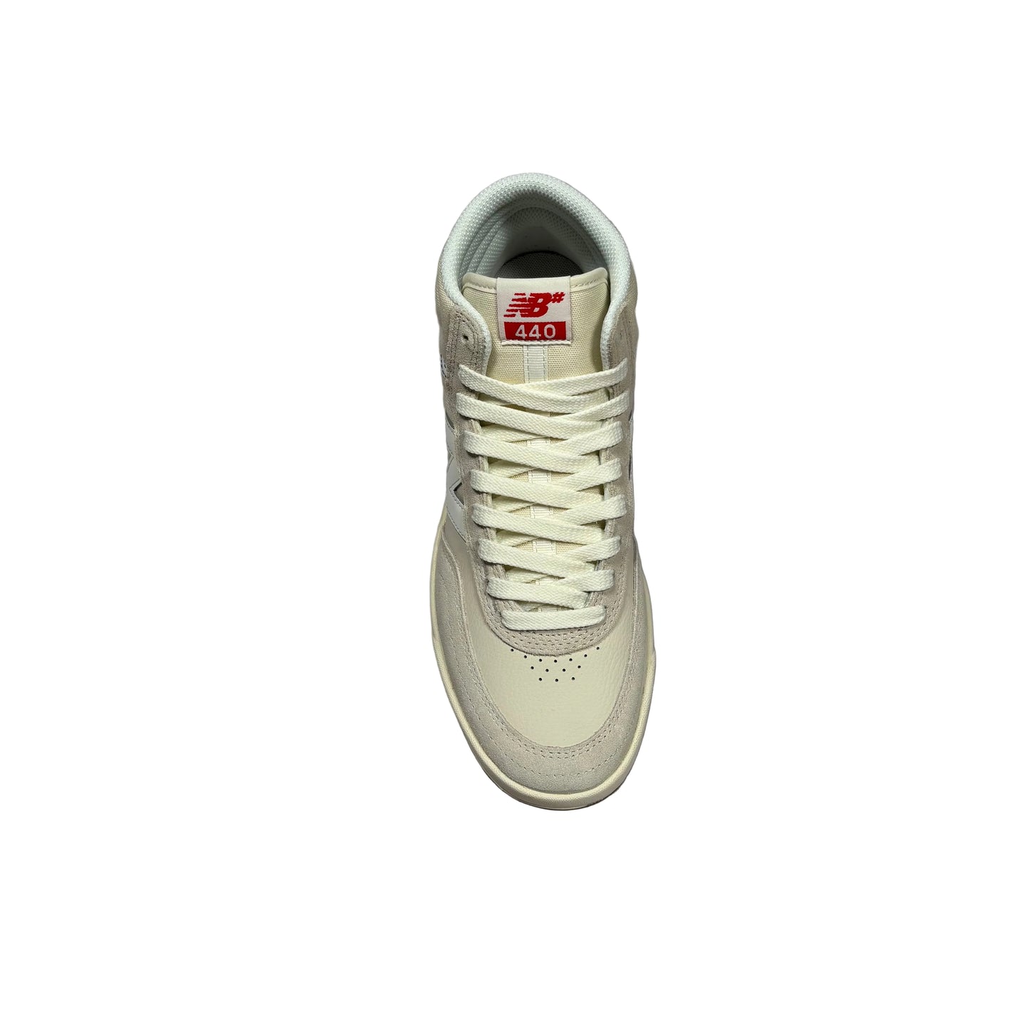 A single New Balance 440 high-top sneaker in off-white/cream with a red and white tongue label, photographed from a top-down angle on a white background.