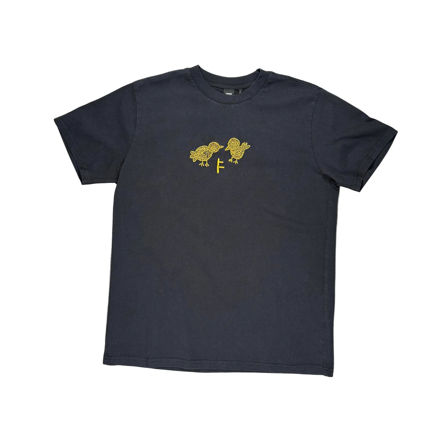 A dark charcoal gray short-sleeve t-shirt with a yellow bird graphic on the chest, laid flat on a white surface 