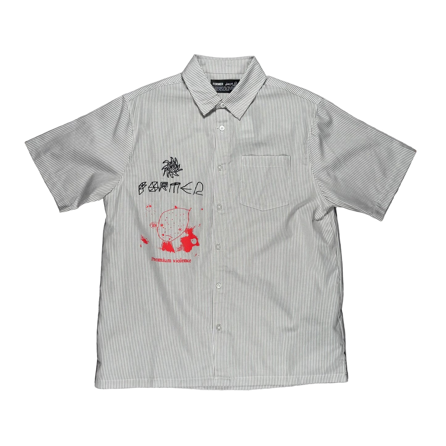 A short-sleeve button-up shirt laid flat on a textured gray surface. The shirt has a very fine vertical stripe pattern in off-white and a muted green-gray, featuring a red and black graphic print on the left chest with the text former premium violence